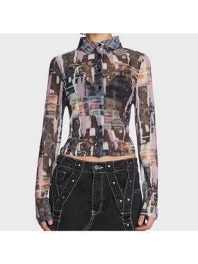 The Ragged Priest Amnesia Mesh Patchwork Collar Button Up Top Size 8 Whimsigoth